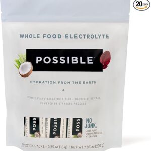 Possible Whole Food Electrolyte Powder – 20 Stick Packs – USDA Organic, Vegan & Plant-Based – Clean Hydration Drink Mix for Pre-Workout, Post-Workout & Daily Wellness – Gluten-Free, Clean Label