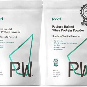 Puori PW1 Whey Protein Powder Bundle – Dark Chocolate & Bourbon Vanilla – Grass-Fed, Pasture-Raised, Non-GMO – 100% Natural Protein for Muscle Growth & Recovery – 21g Protein per Serving