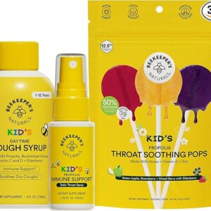 Beekeeper’s Naturals Kid’s Immune Support Essentials – Propolis Throat Spray, Honey Cough Syrup, & Soothing Lollipops – Natural Immune Boost & Sore Throat Relief for Kids