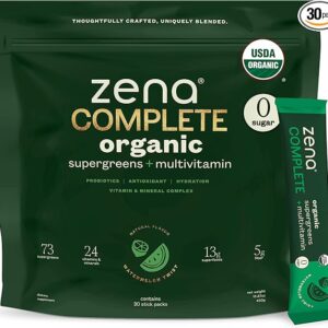 Zena Complete Organic Super Greens Powder & Multivitamin – 90+ Supergreens, Fruits & Veggies – Zero Sugar, 5g Fiber, Prebiotics & Probiotics – Watermelon Citrus Flavor – 30 Packets