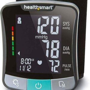 HealthSmart Digital Premium Wrist Blood Pressure Monitor – Pulse & Heartbeat Detection – High/Low BP Alerts – 120-Reading Memory (60 Each for 2 Users) – Adjustable Cuff