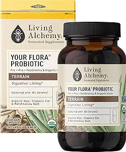 Your Flora Probiotic Terrain – 60 Capsules – Non-GMO Probiotics with Fermented Soybean, Aloe Vera & Slippery Elm – Supports Gut Balance, Digestion & Microbiome Health – With Prebiotics, Postbiotics & Digestive Enzymes – Living Alchemy