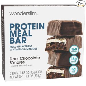 WonderSlim Meal Replacement Protein Bar – Dark Chocolate S’mores – 7 Count – 15g Protein, 20 Vitamins & Minerals – Gluten-Free Healthy Snack or Meal Replacement