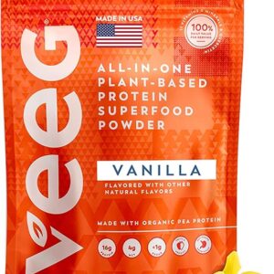 Veeg All-in-One Protein Smoothie Powder – Vanilla – Plant-Based Protein Powder with Superfoods, Organic Greens, MCT Oil, Probiotics & Multivitamins – Sugar-Free, 15 Servings