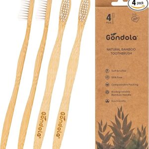 Gondola Organic Bamboo Toothbrushes (Adults – 4 Count, Pack of 1)